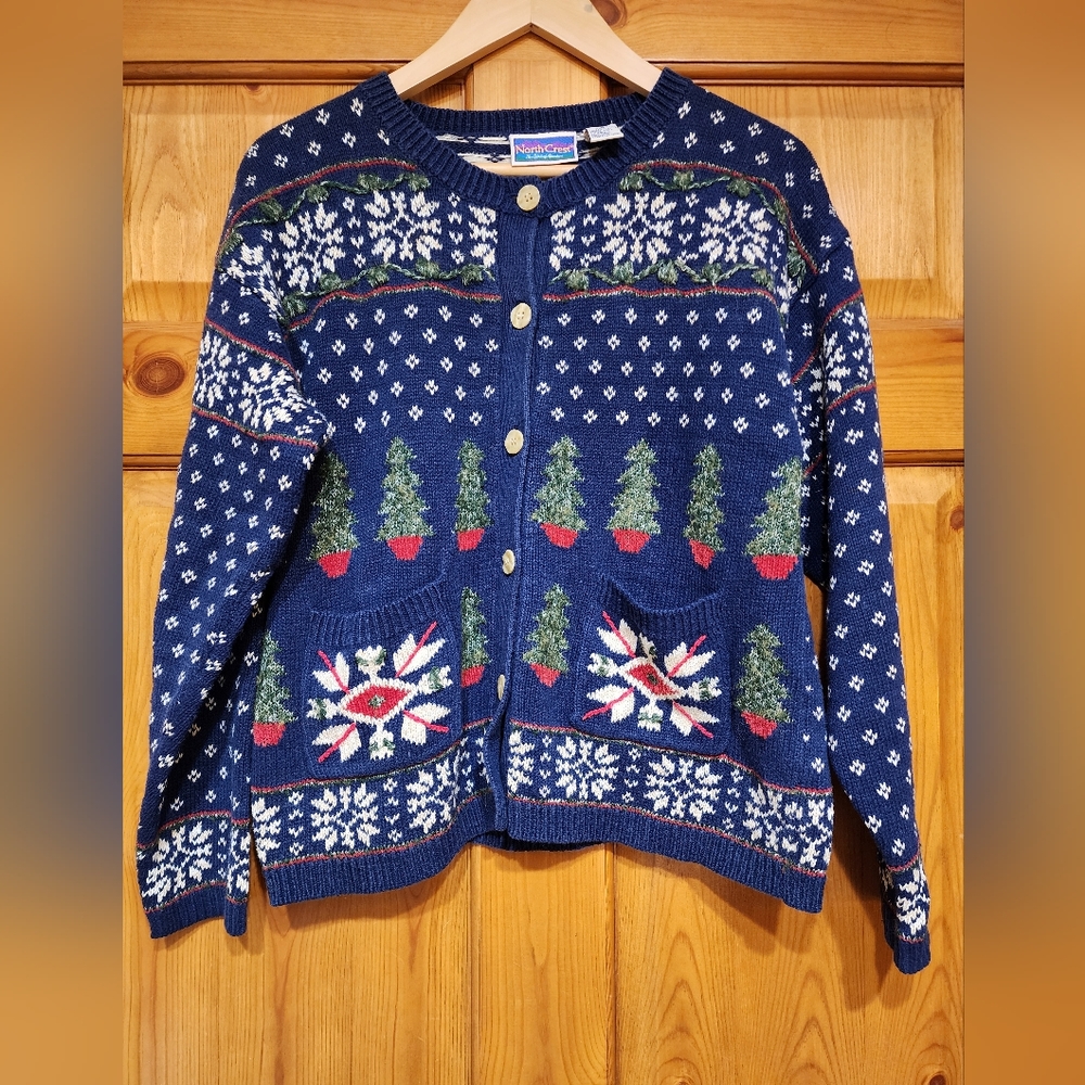 Vintage North Crest Christmas Tree/Snowflake Button Front Sweater, Size M